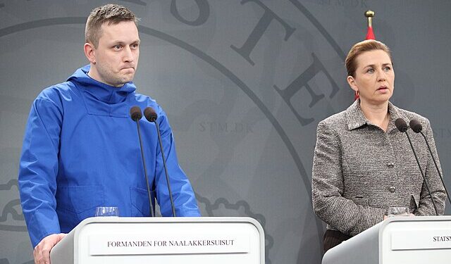 Danish Prime Minister Mette Frederiksen and Greenlandic Premier Jens-Frederik Nielsen speaking at a press conference in Nuuk