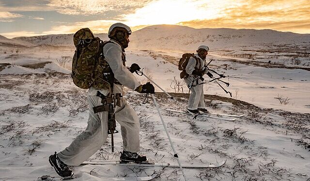 Royal Marines Surveillance and Reconnaissance Squadron conducting live firing tactical training in the Arctic, representing the elite NATO forces required for Greenland defense