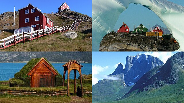 Collage of Greenland landmarks including Viking church in Qassiarsuk, colorful houses, and mountain fjords