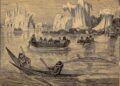 Historical illustration titled 'Scene on the Greenland Coast' showing Inuit people in kayaks and boats navigating water near large ice formations