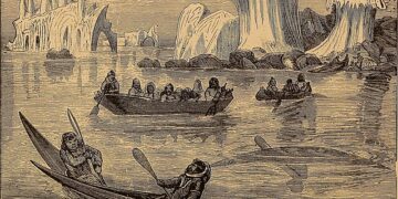 Historical illustration titled 'Scene on the Greenland Coast' showing Inuit people in kayaks and boats navigating water near large ice formations