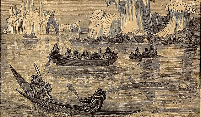 Historical illustration titled 'Scene on the Greenland Coast' showing Inuit people in kayaks and boats navigating water near large ice formations
