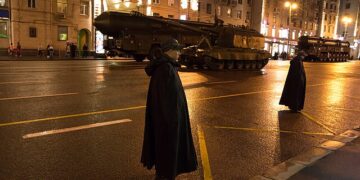 Archive photo of Russian nuclear missile systems during a military parade on the streets of Moscow at night