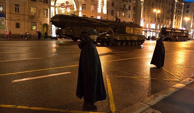 Archive photo of Russian nuclear missile systems during a military parade on the streets of Moscow at night